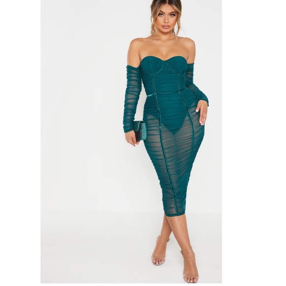 PrettyLittleThing Dresses & Skirts - PLT JasperGreen Mesh VelvetBinded Bardot MidiDress